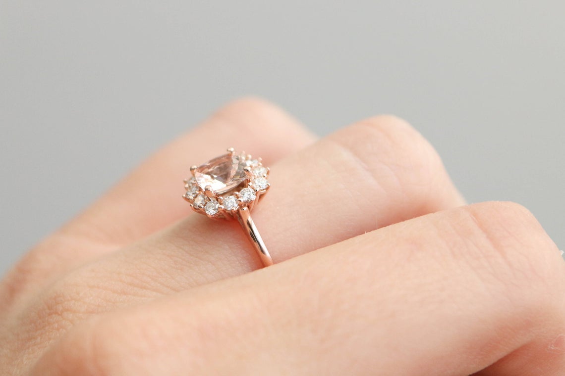 2 CT Cushion Cut Morganite Diamond 925 Sterling Silver Women's Halo Engagement Ring