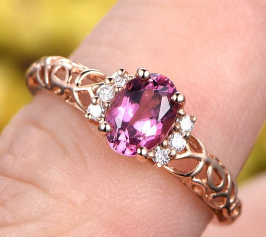 2 CT 925 Sterling Silver Oval Cut Pink Sapphire Diamond Anniversary Band Ring