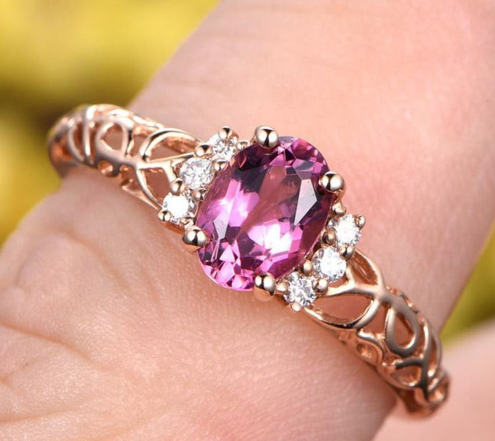 2 CT 925 Sterling Silver Oval Cut Pink Sapphire Diamond Anniversary Band Ring