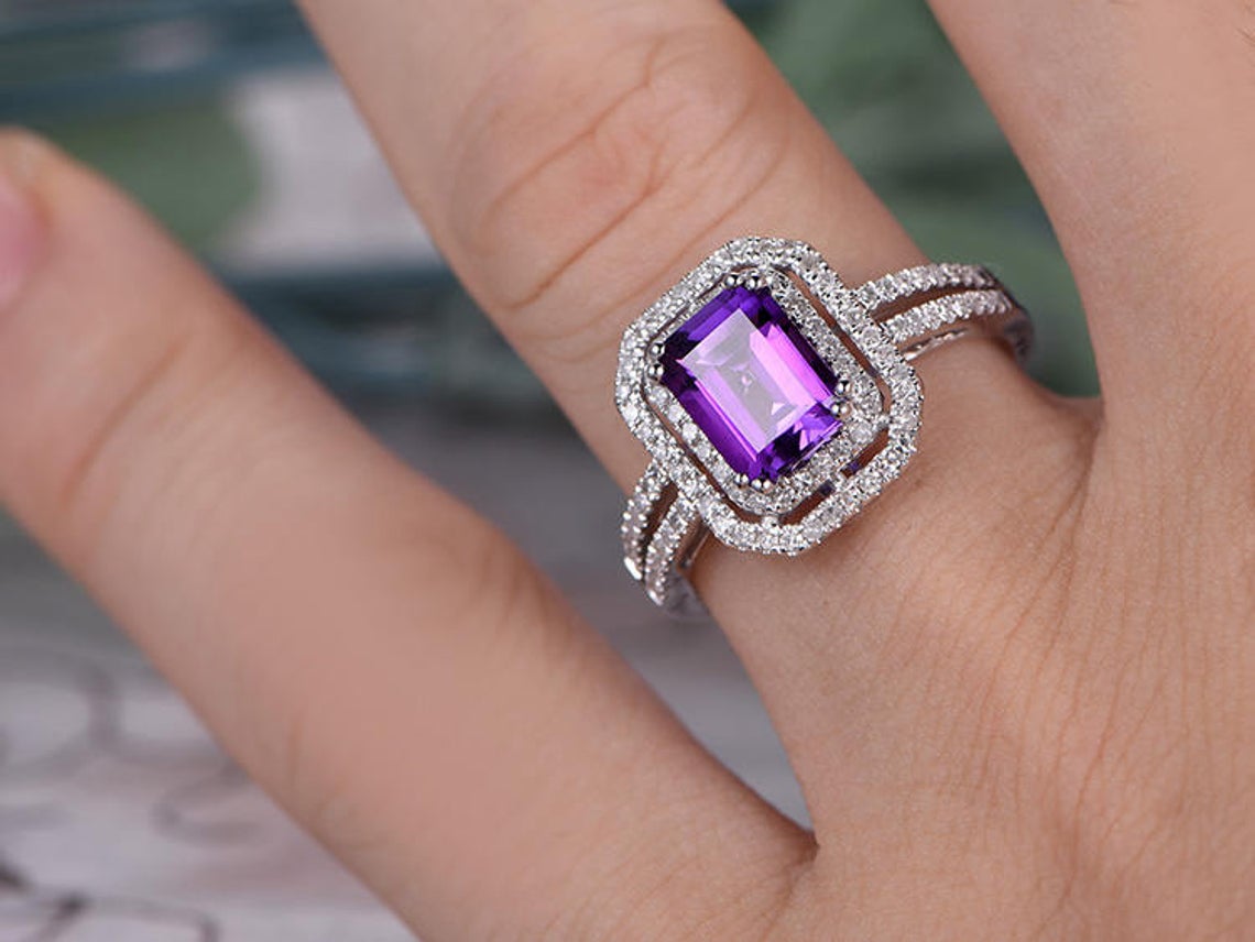 1 CT Emerald Cut Amethyst Diamond 925 Sterling Silver Double Halo Anniversary Ring Gift for her