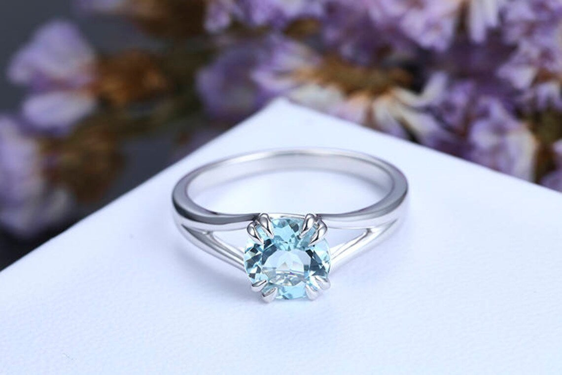 1 CT Round Cut Aquamarine White Gold Over On 925 Sterling Silver Solitaire Promise Ring