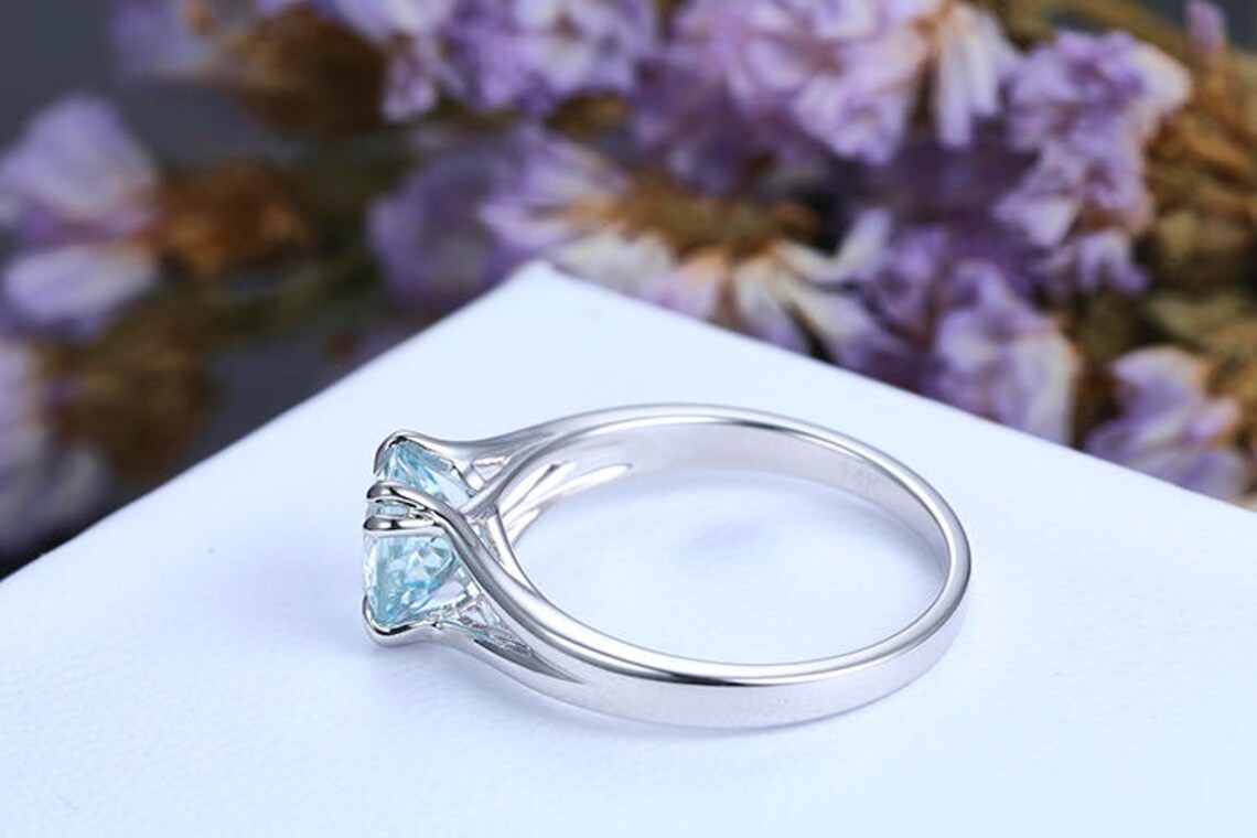 1 CT Round Cut Aquamarine White Gold Over On 925 Sterling Silver Solitaire Promise Ring