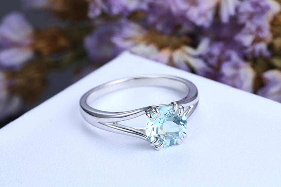 1 CT Round Cut Aquamarine White Gold Over On 925 Sterling Silver Solitaire Promise Ring