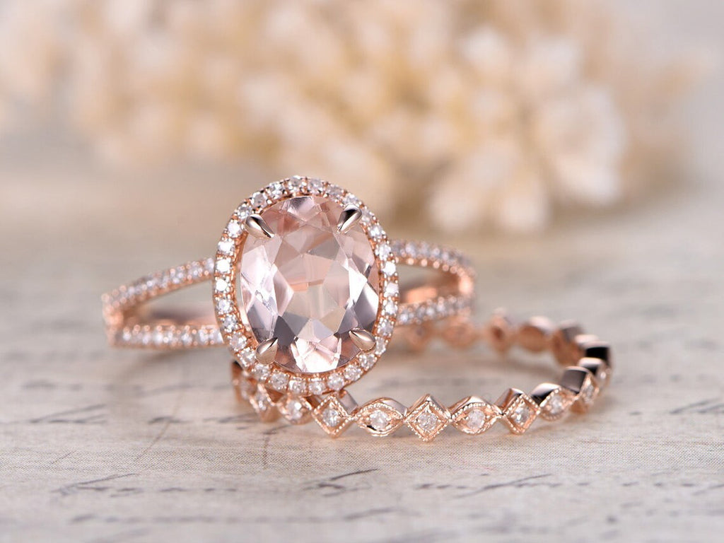 1 CT Oval Cut Pink Morganite Diamond Rose Gold Over On 925 Sterling Silver Bridal Ring Set