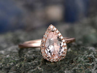 1 CT Pear Cut Pink Morganite Rose Gold Over On 925 Sterling Silver Halo Wedding Ring