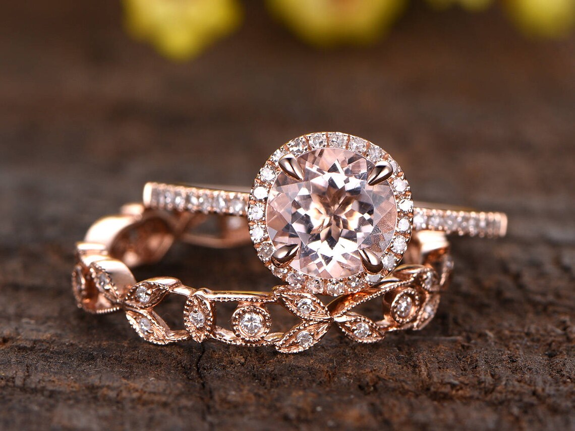 1.2 CT Round Cut Pink Morganite Rose Gold Over On 925 Sterling Silver Floral Wedding Bridal Ring Set