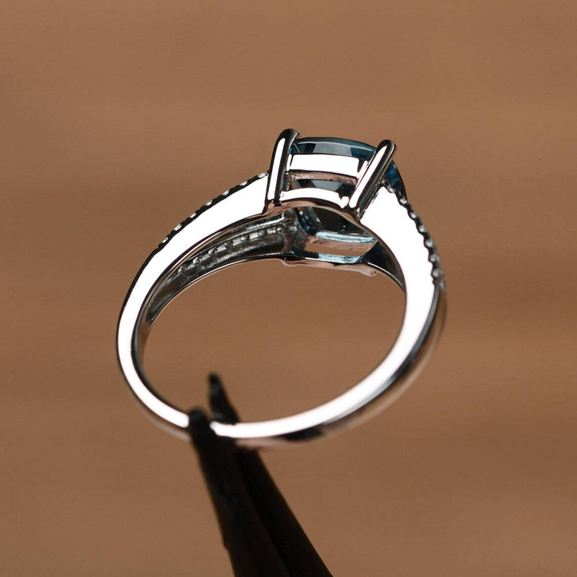 1 CT Cushion Cut London Blue Topaz Diamond White Gold Over On Rose Gold Over On Split Shank Solitaire Ring