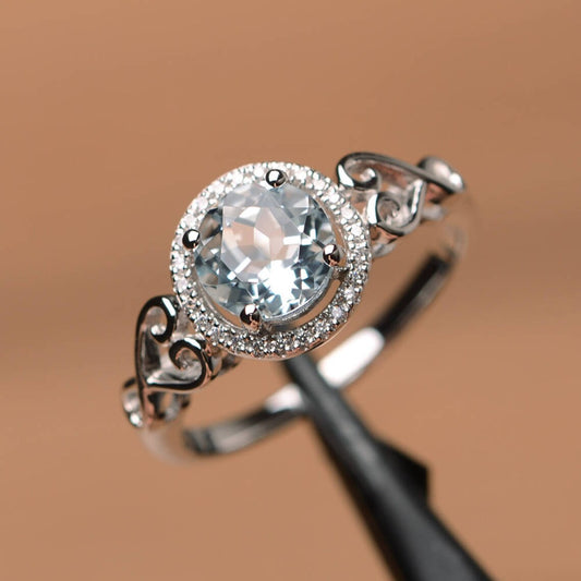1.25 Ct Round Cut Aquamarine 925 Sterling Silver Halo Floral Anniversary Gift Ring