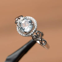 1.25 Ct Round Cut Aquamarine 925 Sterling Silver Halo Floral Anniversary Gift Ring