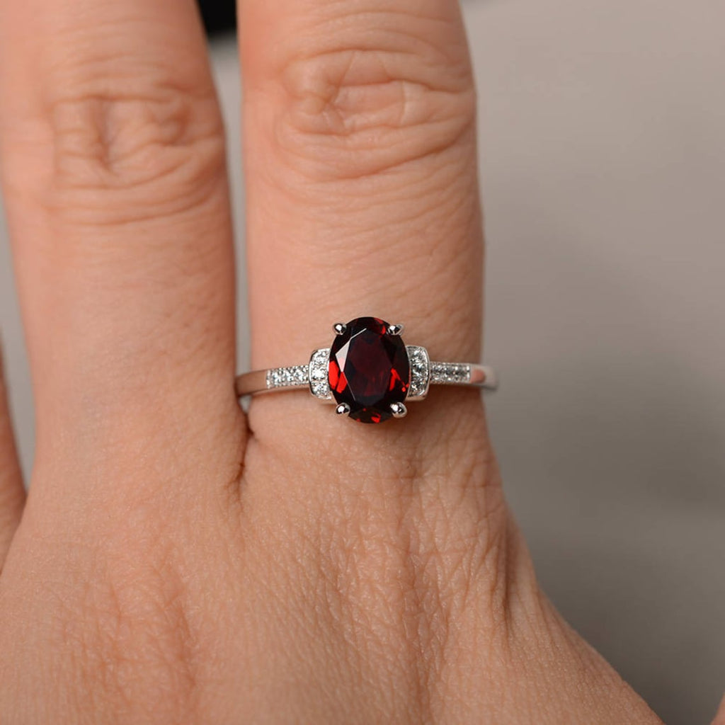 1.75 Ct Oval Cut Red Garnet 925 Sterling Silver Solitaire W/Accents Anniversary Ring