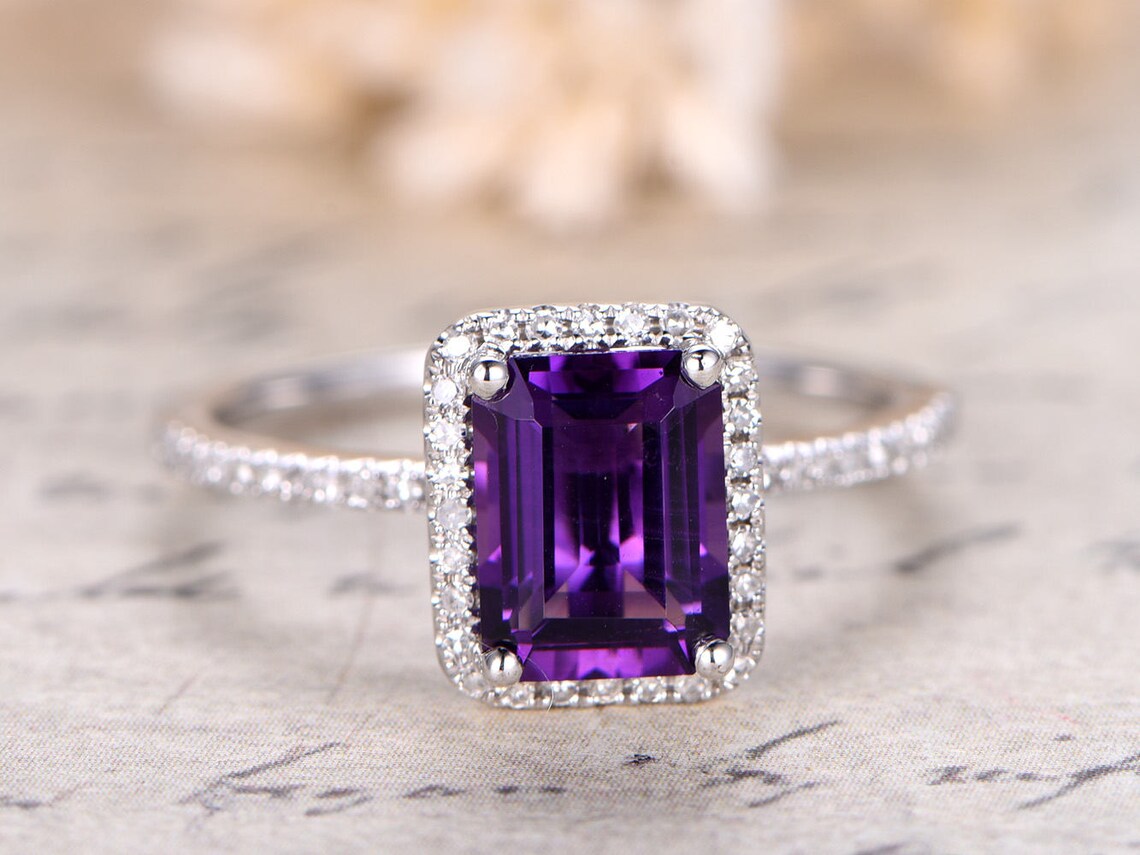 1 CT Emerald Cut Amethyst & CZ Diamond White Gold Over On 925 Sterling Silver Halo Wedding Ring
