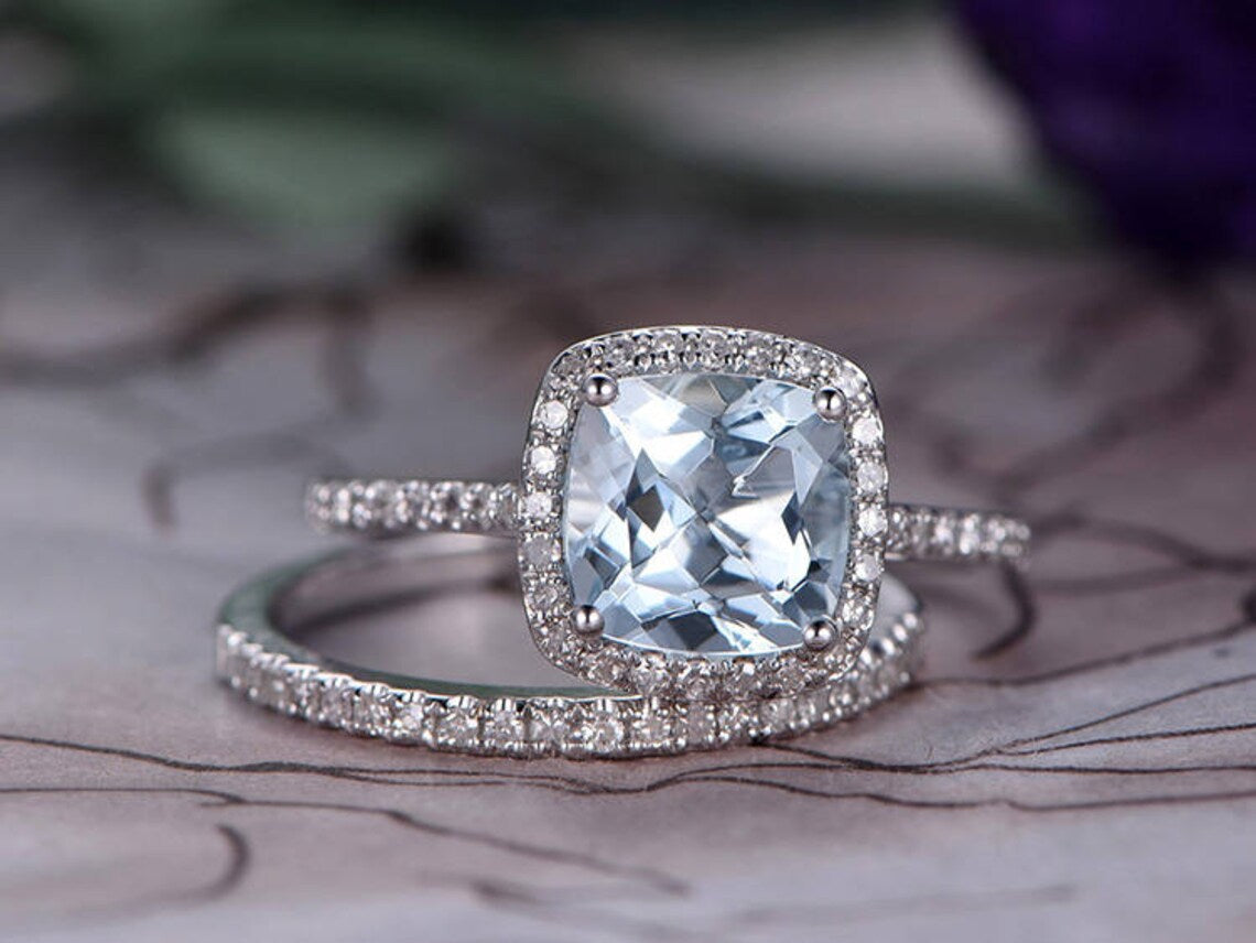1 CT Cushion Cut Aquamarine White Gold Over On 925 Sterling Silver Engagement Ring Set - atjewels.in