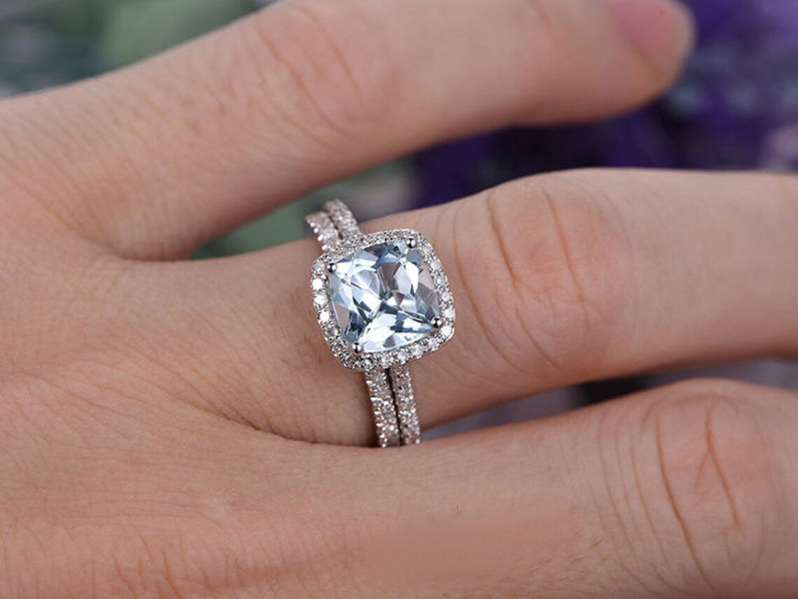1 CT Cushion Cut Aquamarine White Gold Over On 925 Sterling Silver Engagement Ring Set - atjewels.in