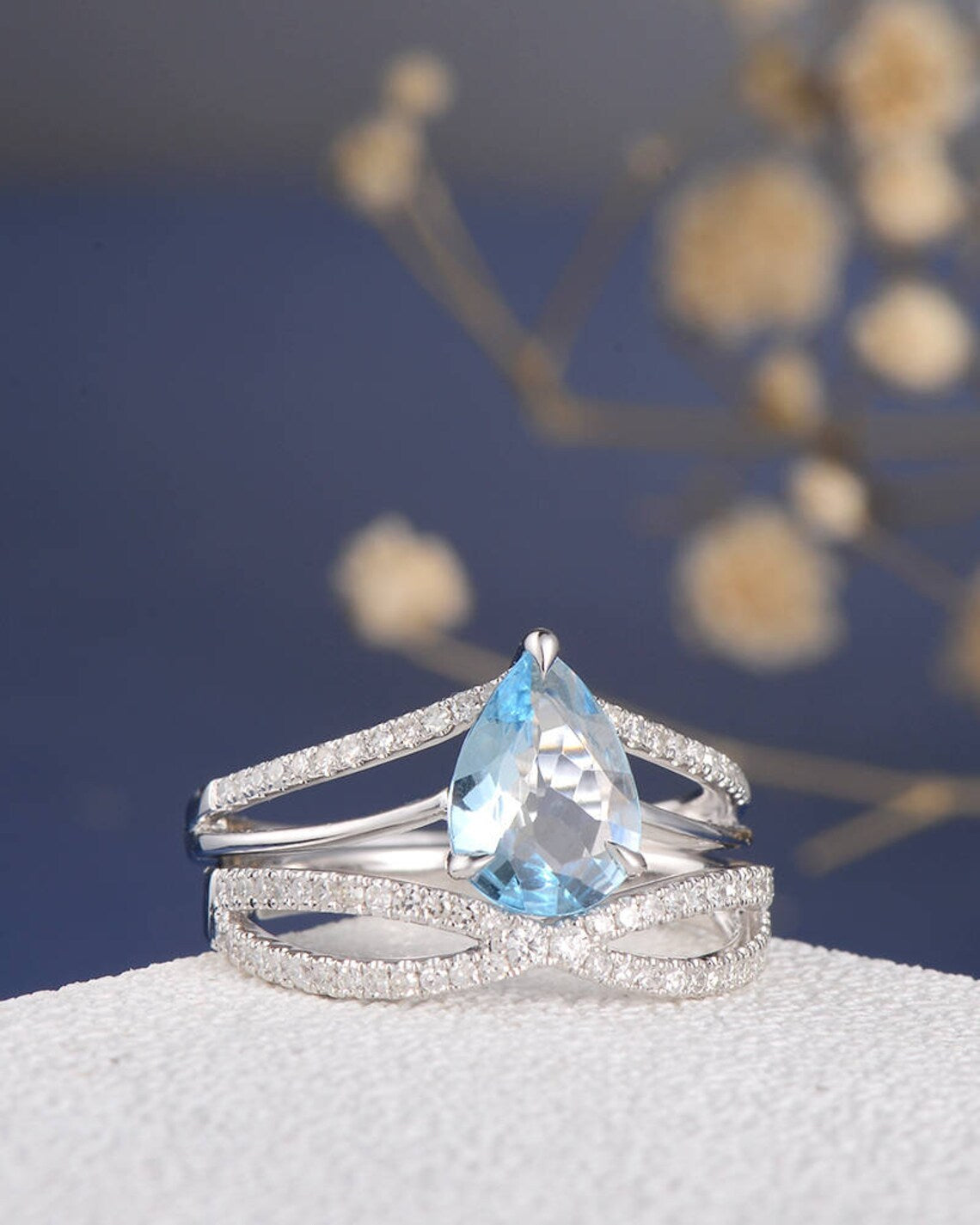 1 CT Pear Cut Aquamarine White Gold Over On 925 Sterling Silver Cross Infinity Engagement Ring Set
