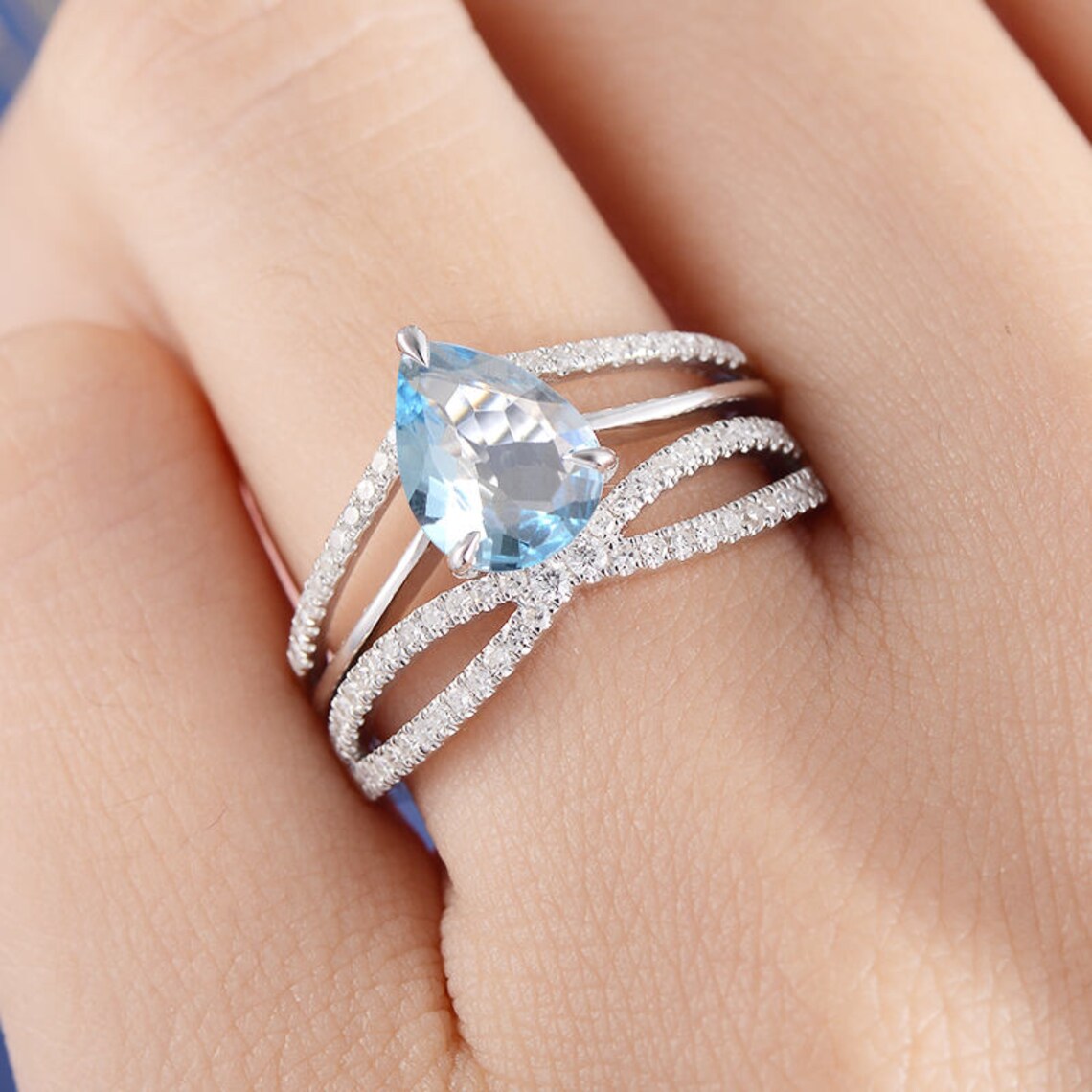 1 CT Pear Cut Aquamarine White Gold Over On 925 Sterling Silver Cross Infinity Engagement Ring Set