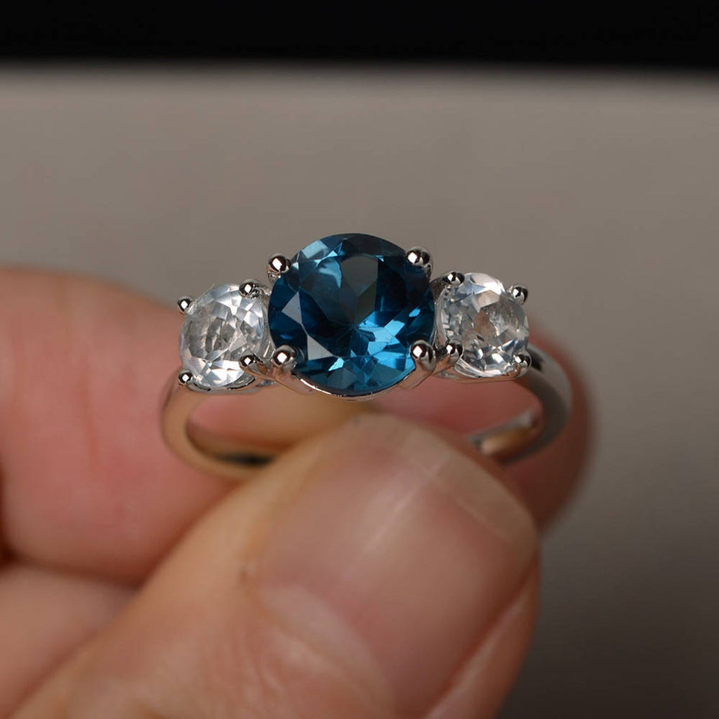 1 CT Round Cut London Blue Topaz White Gold Over On 925 Sterling Silver Three Stone Ring