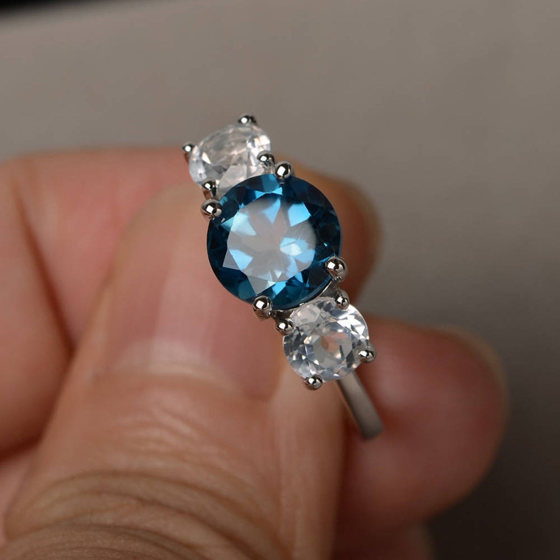CT Round Cut London Blue Topaz White Gold Over On 925 Sterling Silver Three Stone Ring