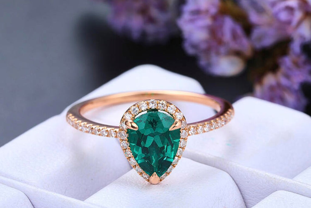 1 CT Pear Cut Emerald & CZ Diamond Rose Gold Over On 925 Sterling Silver Halo Wedding Ring