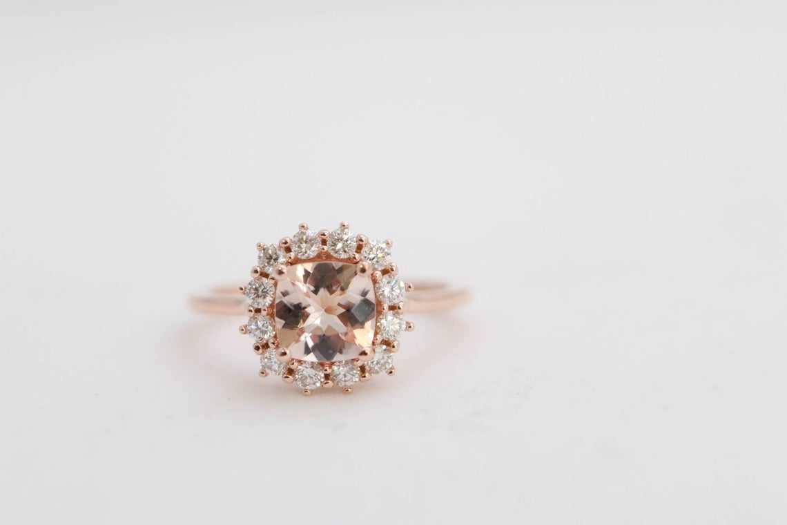 2 CT Cushion Cut Morganite Diamond 925 Sterling Silver Women's Halo Engagement Ring