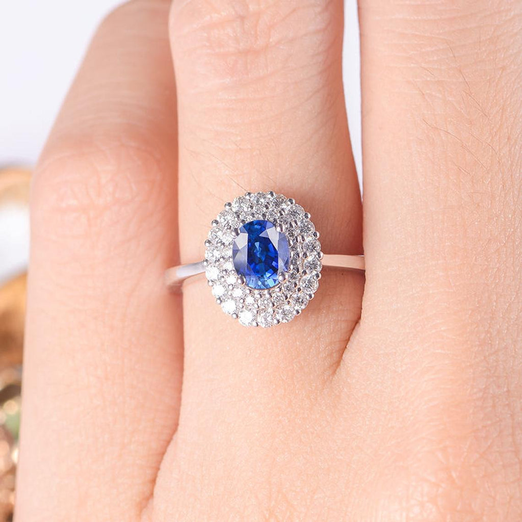 1 CT Oval Cut Blue Sapphire Diamond 925 Sterling Silver Double Halo Wedding Ring