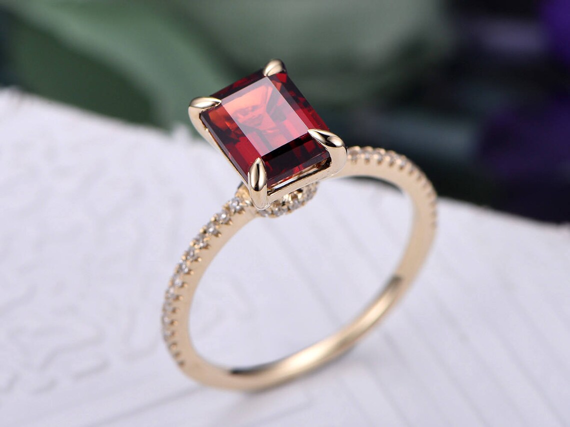 2.75 Ct Emerald Cut Red Garnet 925 sterling Silver Solitaire W/Accents Anniversary Gift Ring