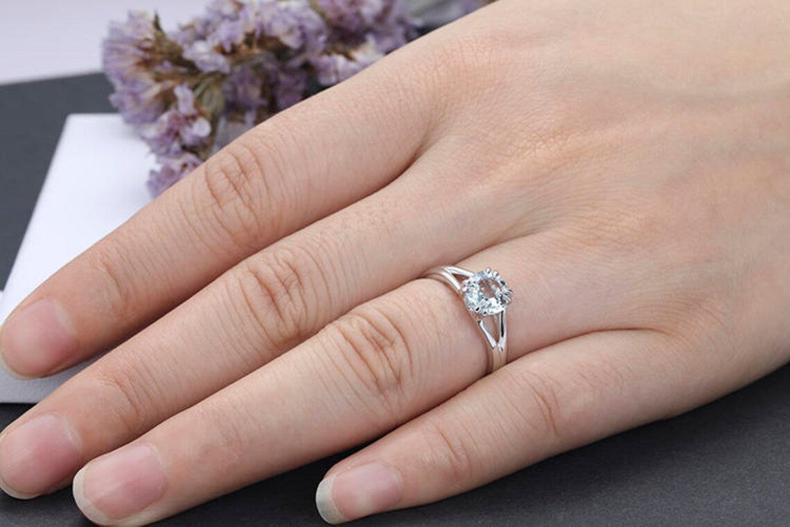 1 CT Round Cut Aquamarine White Gold Over On 925 Sterling Silver Solitaire Promise Ring