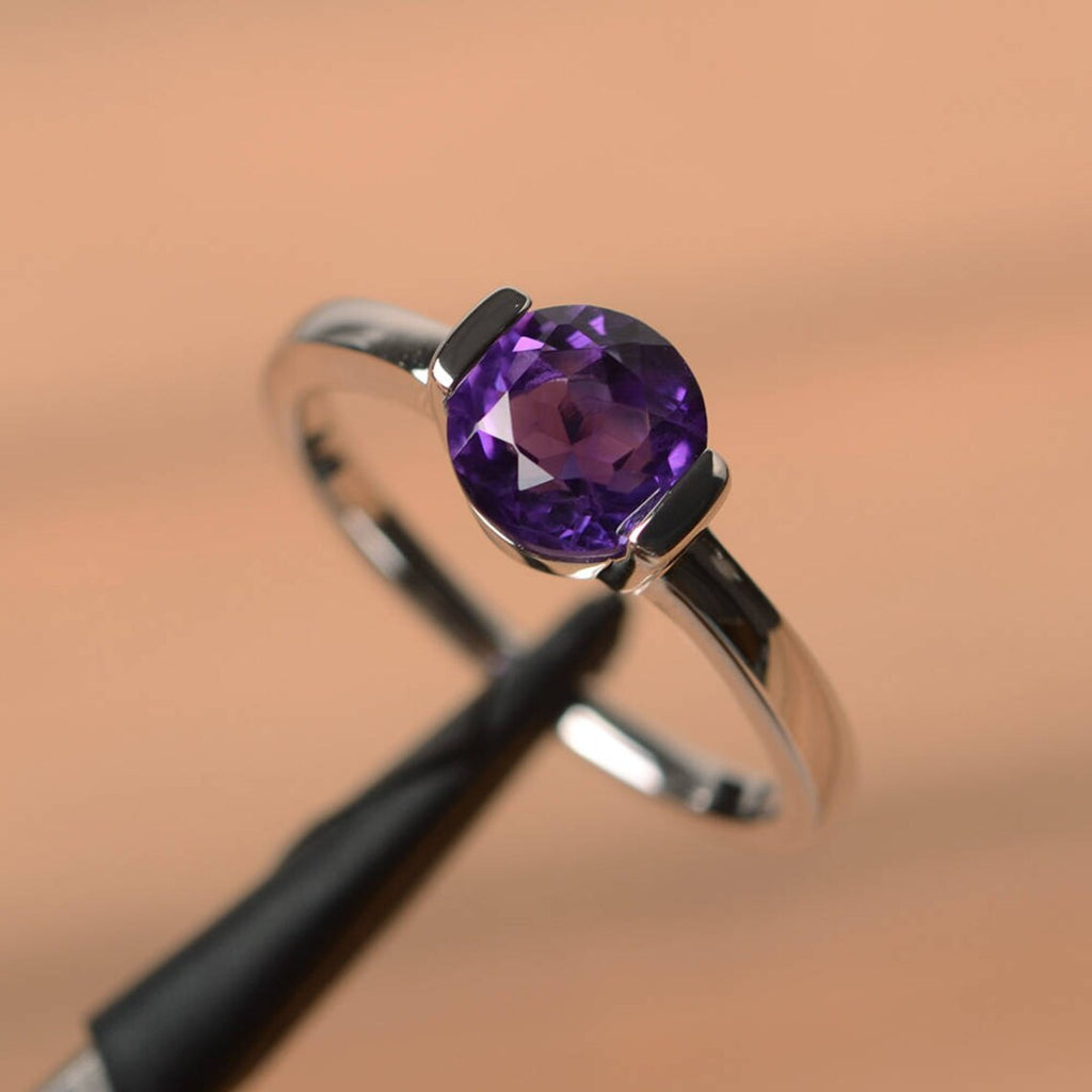 1.00 Ct Round Cut Purple Amethyst 925 Sterling Silver Bezel Set February Birthstone Ring