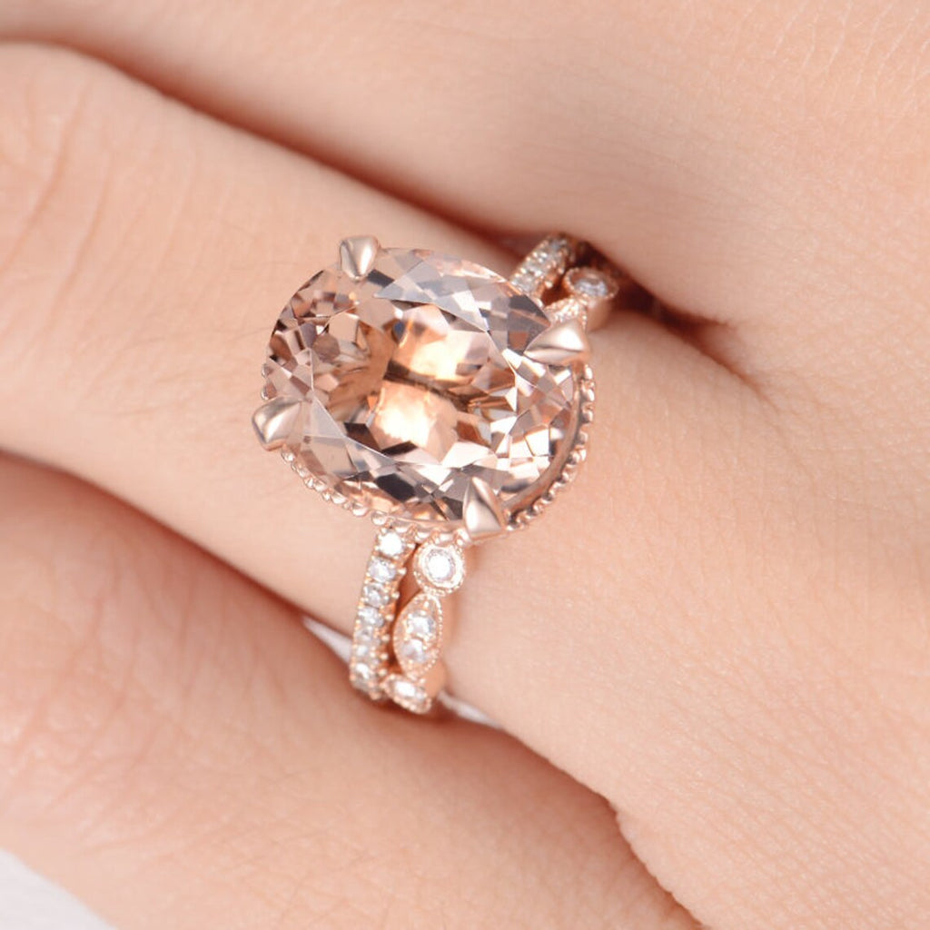 1 CT Oval CutMorganite & CZ Diamond Rose Gold Over On925 Sterling SilverEngagement Bridal Set Ring