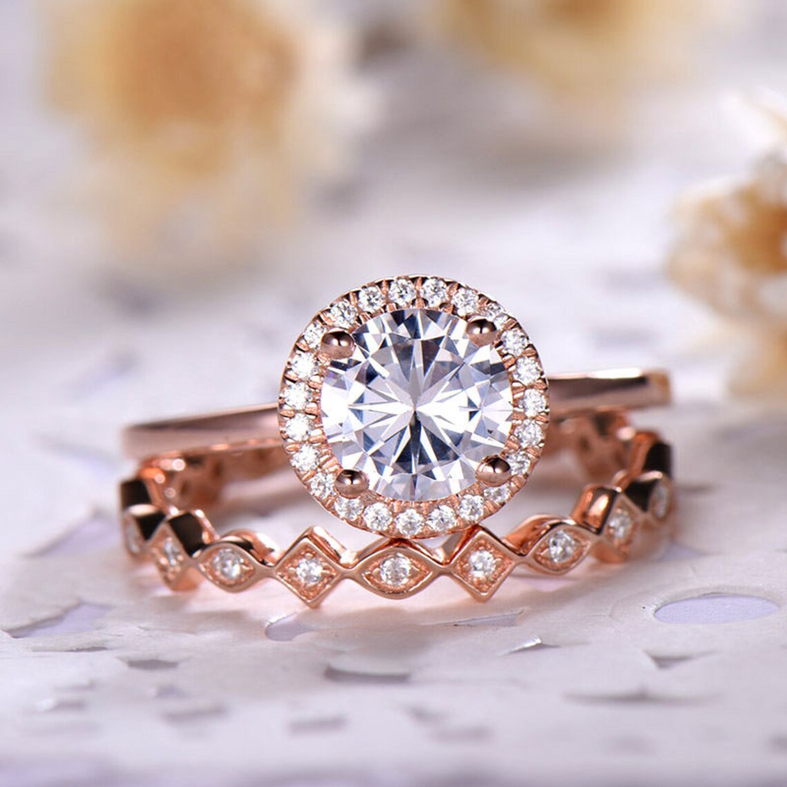 1 CT Round Cut White Diamond Rose Gold Over On 925 Sterling Silver Full Eternity Stacking Band Ring Set