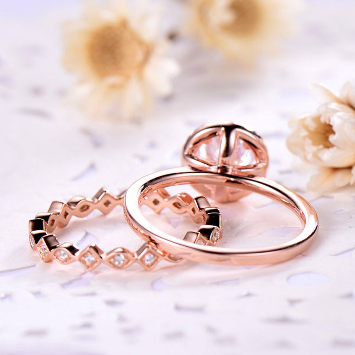 1 CT Round Cut White Diamond Rose Gold Over On 925 Sterling Silver Full Eternity Stacking Band Ring Set