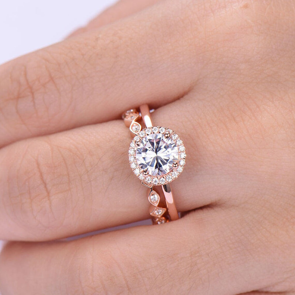 1 CT Round Cut White Diamond Rose Gold Over On 925 Sterling Silver Halo Bridal Ring Set