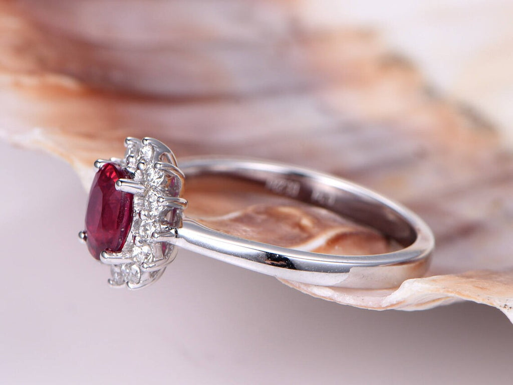 1 CT Oval Cut Red Ruby Diamond White Gold Over On 925 Sterling Silver Halo Engagement Ring