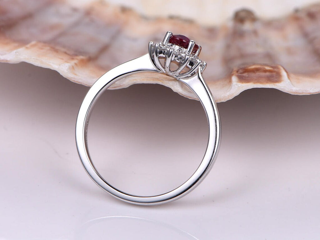 1 CT Oval Cut Red Ruby Diamond White Gold Over On 925 Sterling Silver Halo Engagement Ring