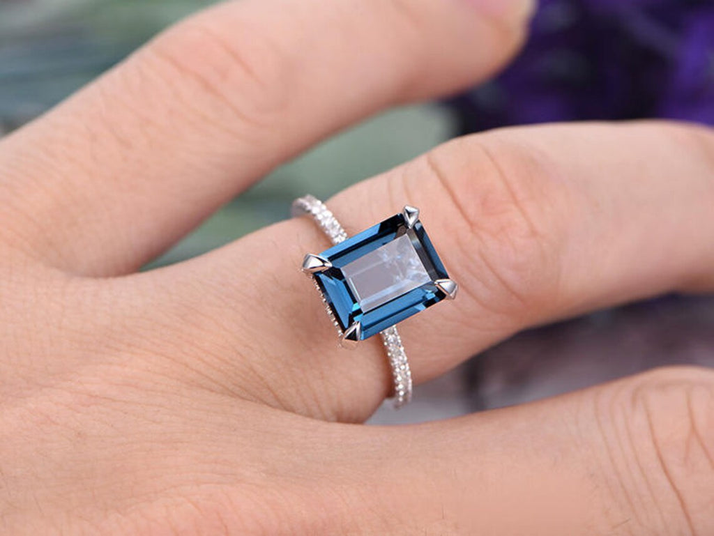 1 CT Emerald Cut London Blue Topaz White Gold Over On 925 Sterling Silver Under Halo Engagement Ring