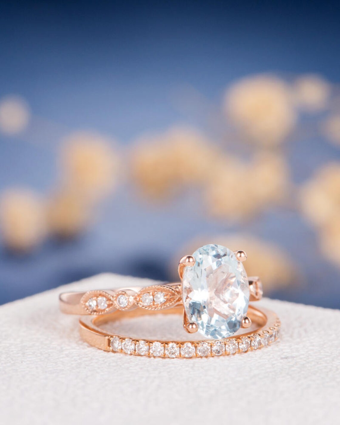 1 CT Oval Cut Aquamarine Rose Gold Over On 925 Sterling Silver Bridal Wedding Ring Set