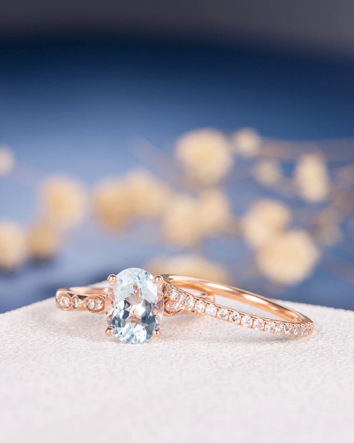 1 CT Oval Cut Aquamarine Rose Gold Over On 925 Sterling Silver Bridal Wedding Ring Set