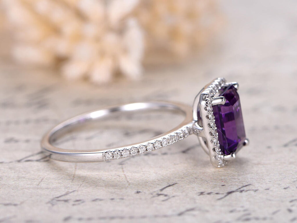 1 CT Emerald Cut Amethyst & CZ Diamond White Gold Over On 925 Sterling Silver Halo Wedding Ring