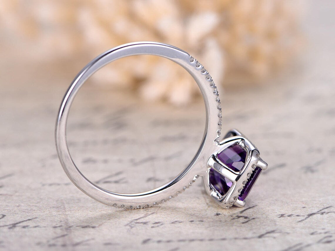 1 CT Emerald Cut Amethyst & CZ Diamond White Gold Over On 925 Sterling Silver Halo Wedding Ring