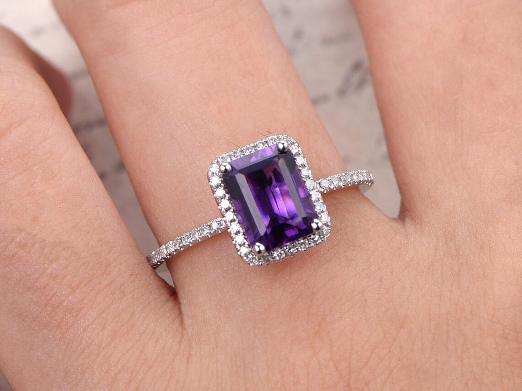 1 CT Emerald Cut Amethyst & CZ Diamond White Gold Over On 925 Sterling Silver Halo Wedding Ring