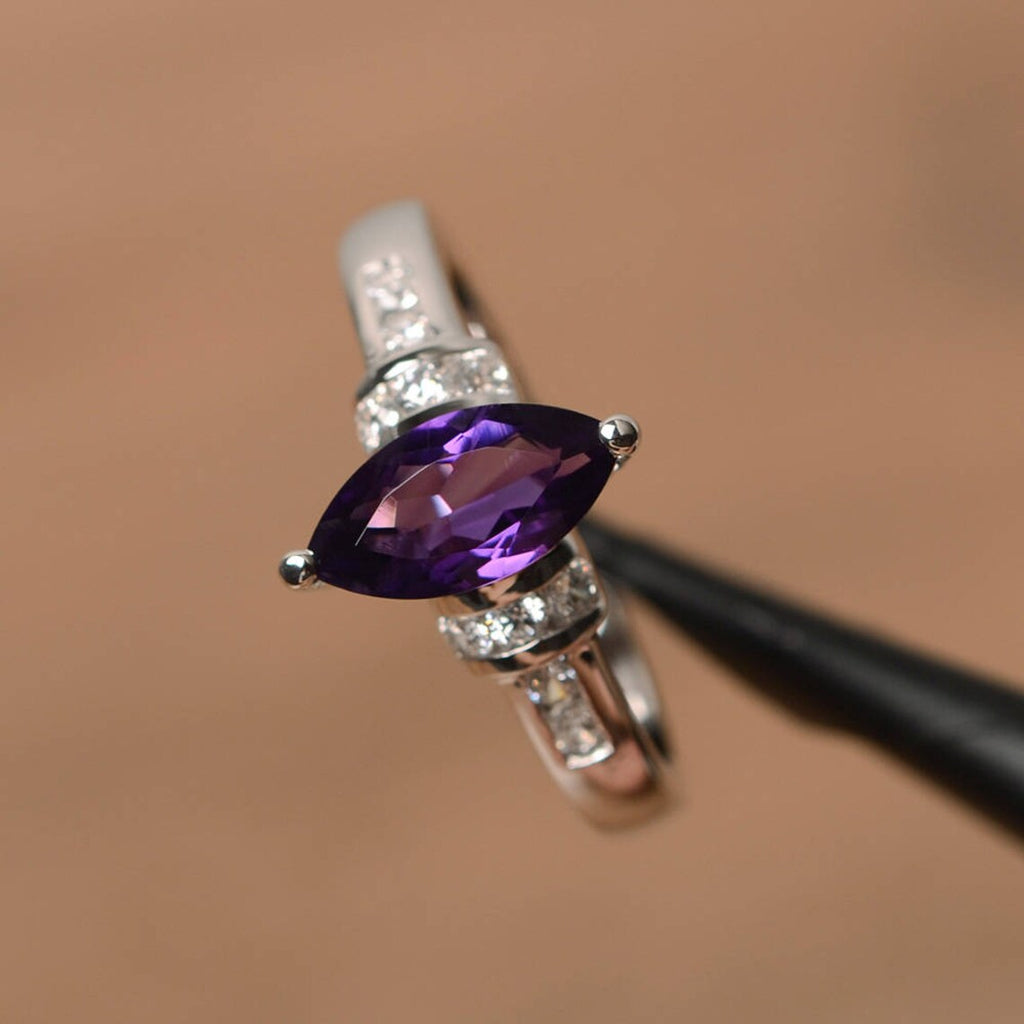 2.25 Ct Marquise Cut Purple Amethyst Solitaire W/Accents Ring In 925 Sterling Silver