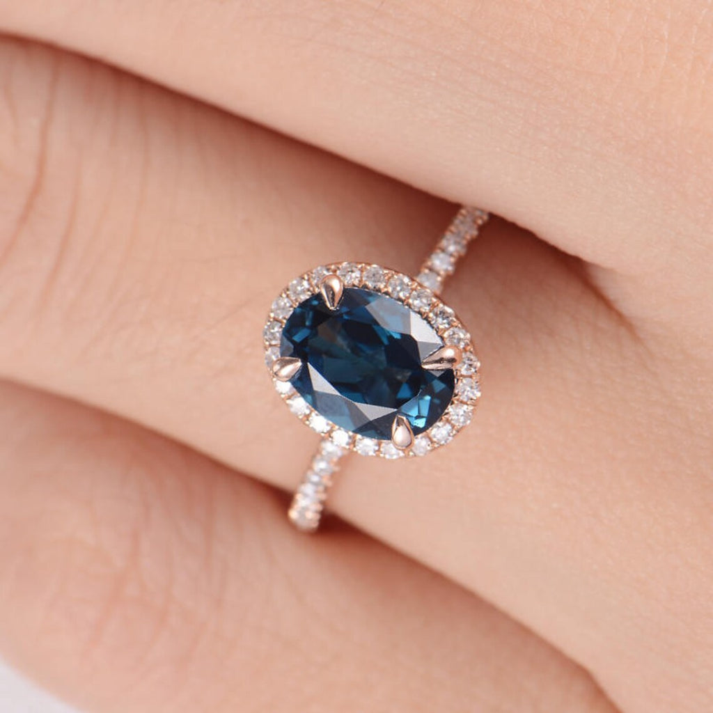 1 CT Oval Cut London Blue Topaz Rose Gold Over On 925 Sterling Silver Halo Women Wedding Ring