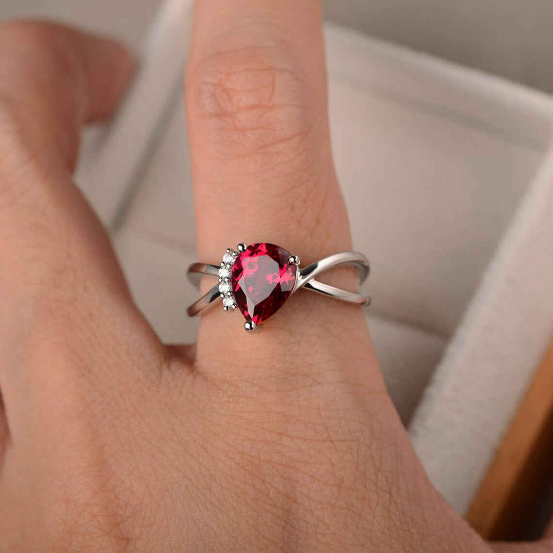 2.10 Ct Pear Cut Red Ruby & Round Cz 925 Sterling Silver Infinity Engagement Ring
