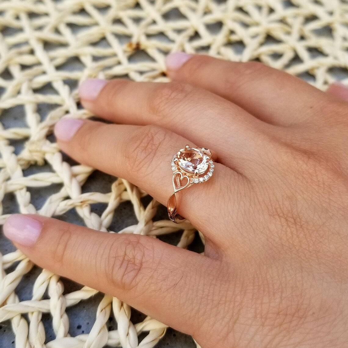 1 CT Oval Cut Peach Morganite Rose Gold Over On 925 Sterling Silver Halo Engagement Ring