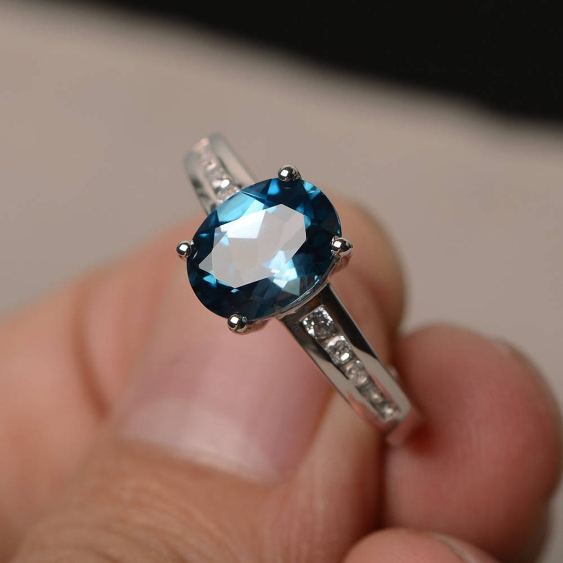 1.50 Ct Oval Cut London Blue Topaz 925 Sterling Silver Solitaire W/Accents Anniversary Gift Ring