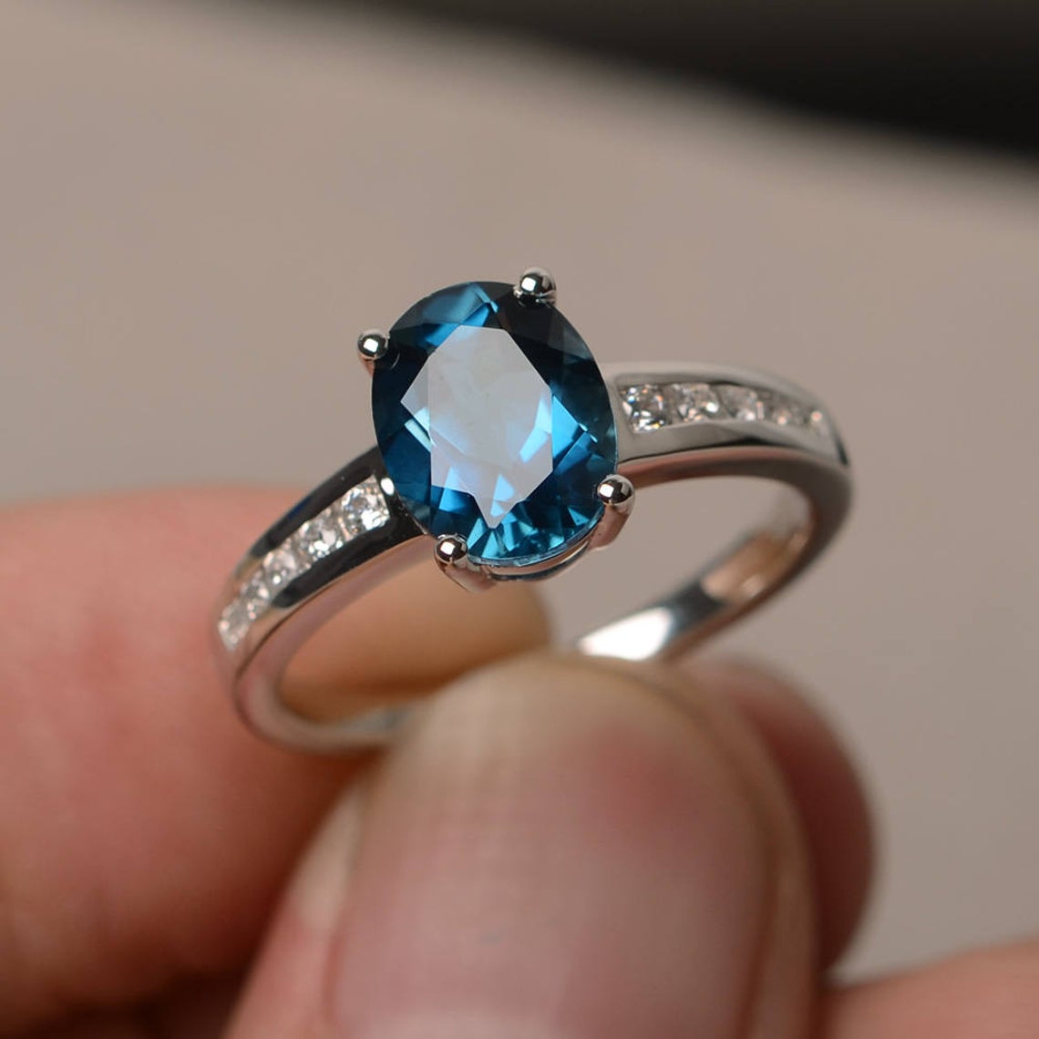 1.50 Ct Oval Cut London Blue Topaz 925 Sterling Silver Solitaire W/Accents Anniversary Gift Ring