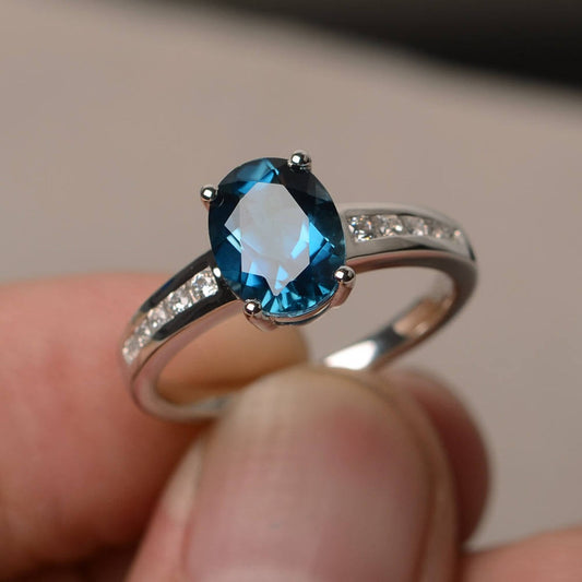 1.50 Ct Oval Cut London Blue Topaz 925 Sterling Silver Solitaire W/Accents Anniversary Gift Ring