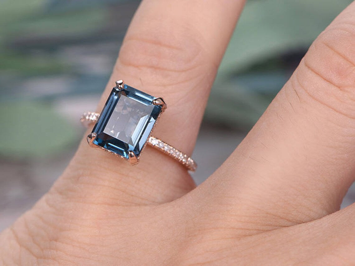 1 CT Emerald Cut London Topaz Rose Gold Over On 925 Sterling Silver Halo Anniversary Ring