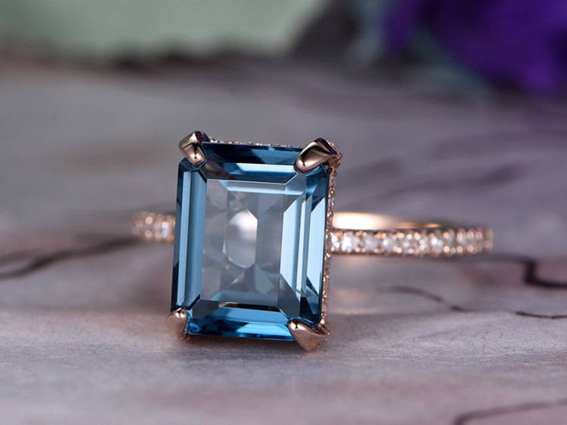 1 CT Emerald Cut London Topaz Rose Gold Over On 925 Sterling Silver Halo Anniversary Ring