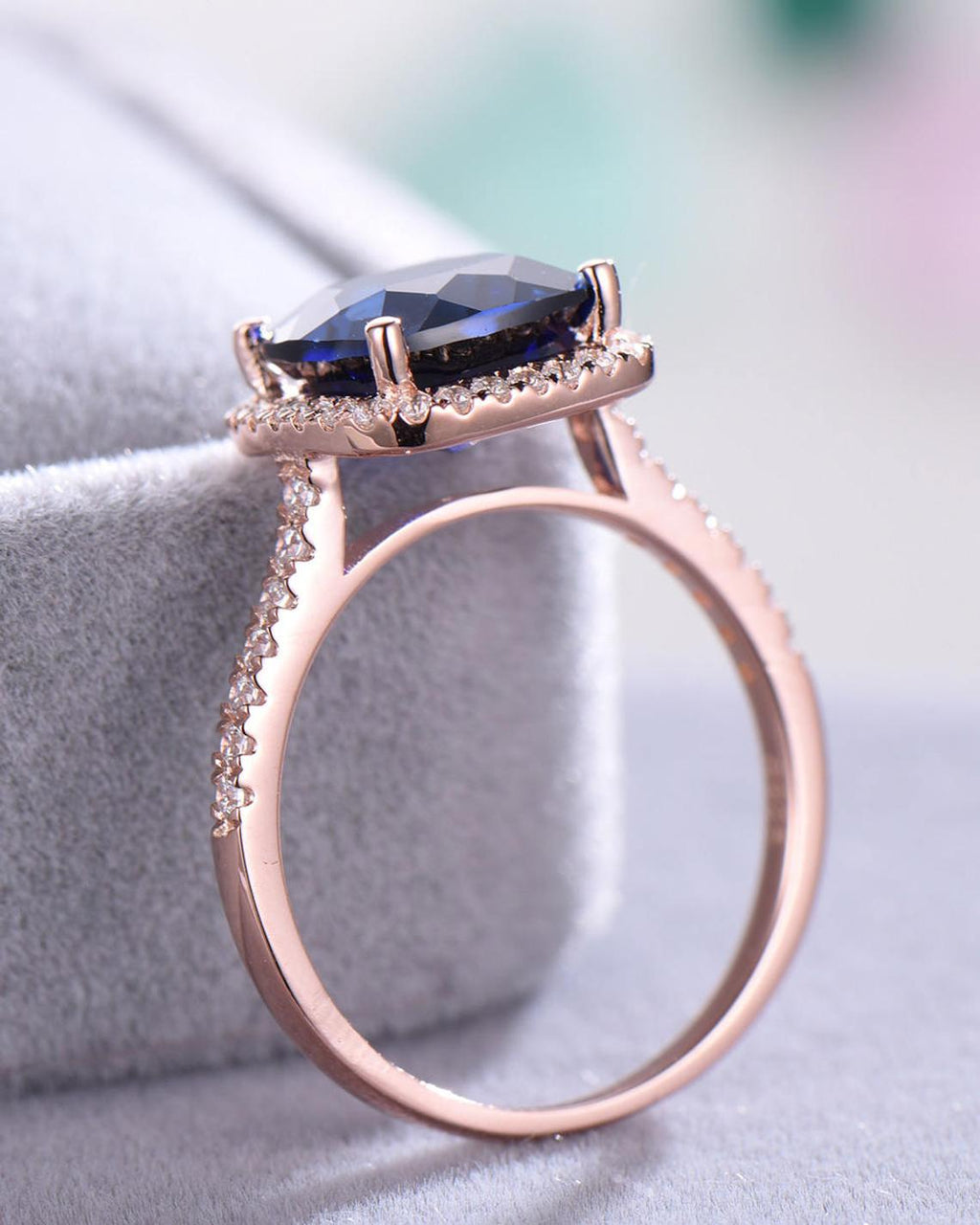 1 CT Cushion Cut Blue Sapphire Diamond Rose Gold Over On 925 Sterling Silver Halo Women Wedding Ring