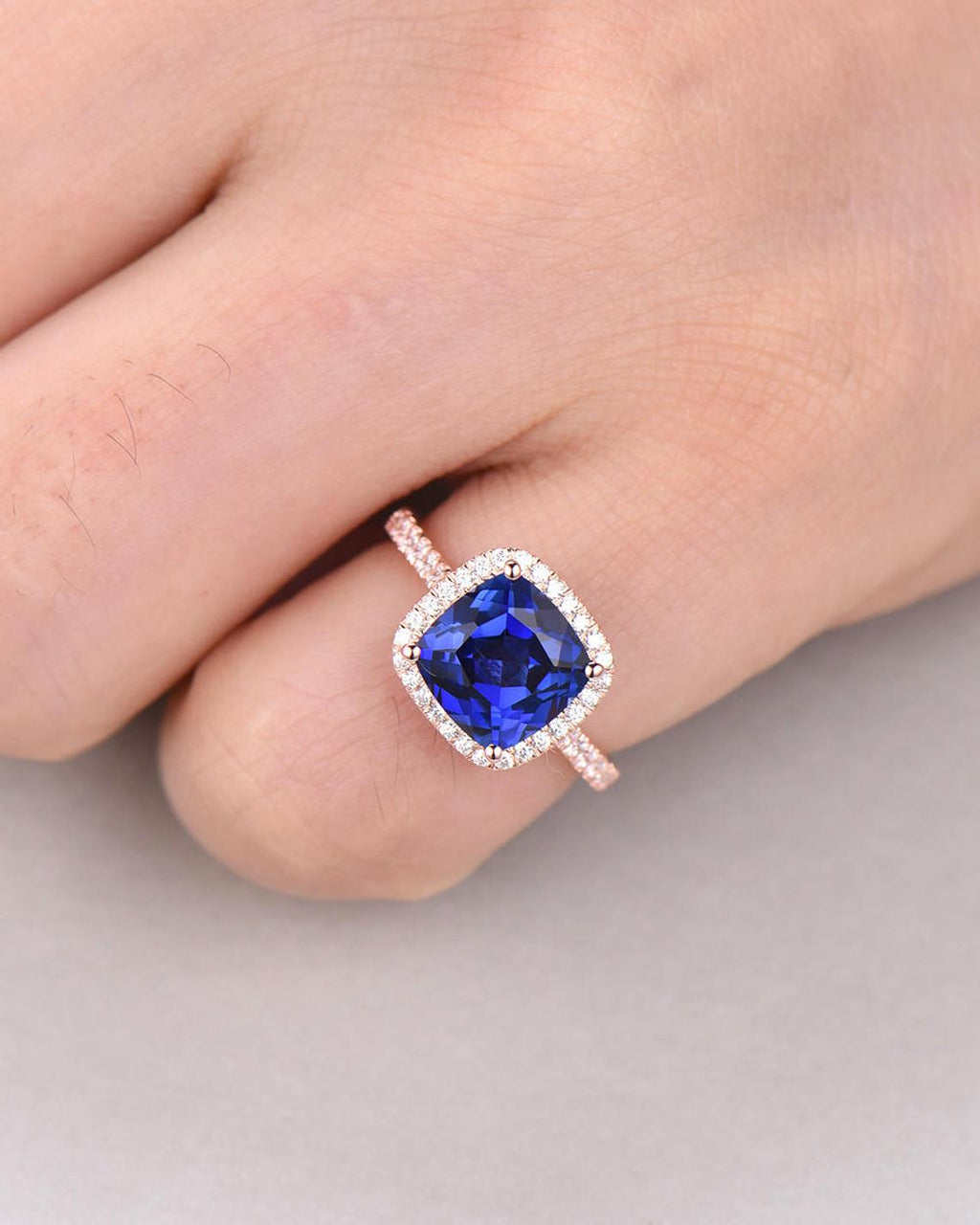 1 CT Cushion Cut Blue Sapphire Diamond Rose Gold Over On 925 Sterling Silver Halo Women Wedding Ring